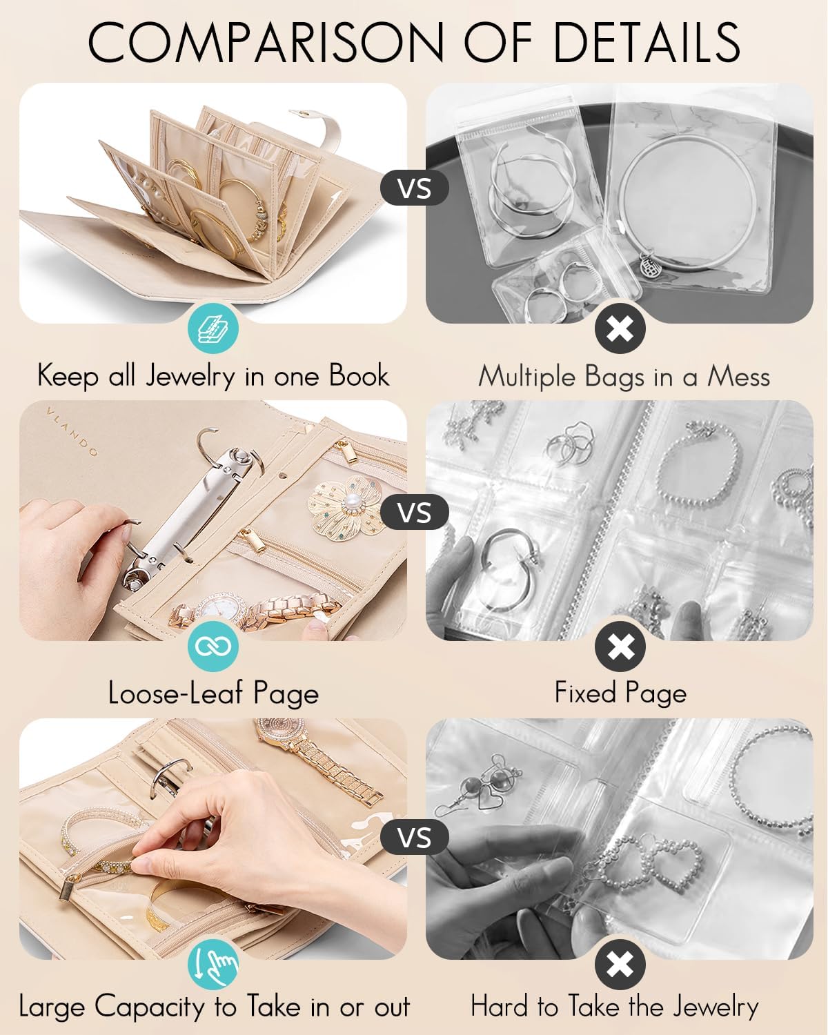 Vlando Teacher Gifts for Women,Travel Jewelry Organizer Case,Jewelry Storage Book Ring Binder with Clear Zipper Velvet Jewelry Pouches Bags for Rings,Necklace,Earrings-Cream White
