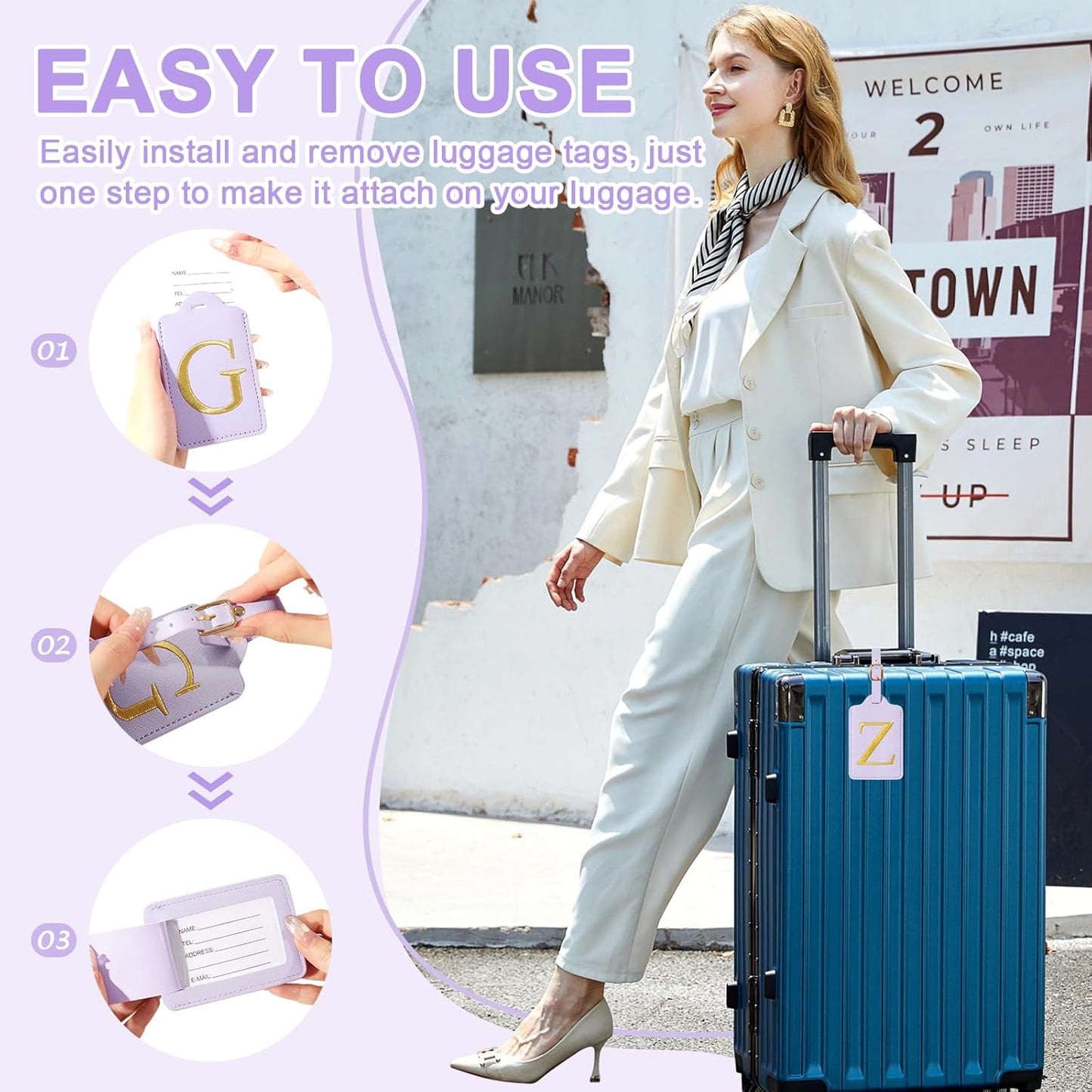 Personalized Initial Luggage Tags for Suitcase, Purple Leather Cute Luggage Tags with Privacy Cover Name Card, Embroidered Custom Monogrammed Luggage Tag Travel Backpack Tags Gifts for Women Kids(Z)