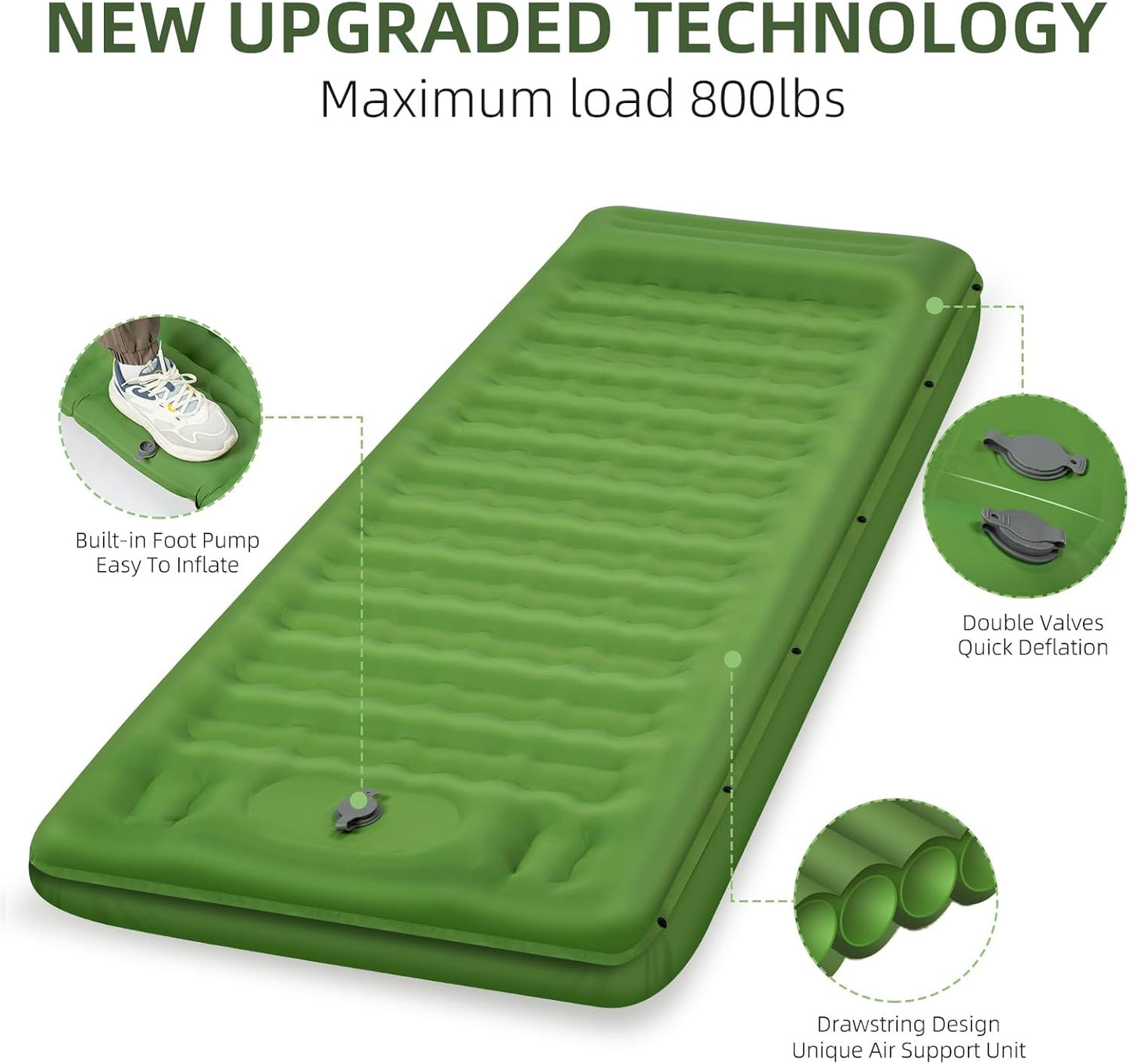 Camping Sleeping Pad, Extra Thick 5 Inch Camping Mat with Pillow Built-in Foot Pump Inflatable Sleeping Pads Compact for Camping Backpacking Hiking Traveling Tent（Green）