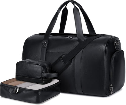 Wogarl 3PCS Leather Weekender Bag for Women Men Large Overnight Bag Travel Duffel Bag with Shoe Compartment Toiletry Packing Cube Carry On Bag Fit 21"" Laptop(Black), YT042