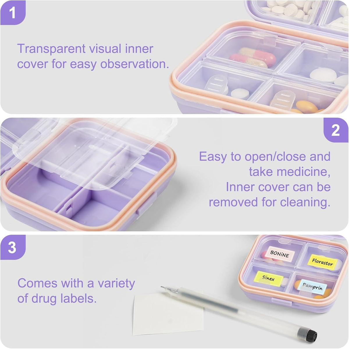 Travel Pill Organizer Box with Labels, 7 Compartments Portable Mini Pill Case, Daily Medication Organizer Storage Pill Container for Pocket Pharmacy(Purple, S)
