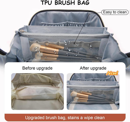 Travel Makeup Bag Organizer Cosmetic Bag: 3 Pcs Set Make up Bags for Women with Handle - Waterproof Vegan Leather Toiletry Bags with Comparments (C-10-Brown)