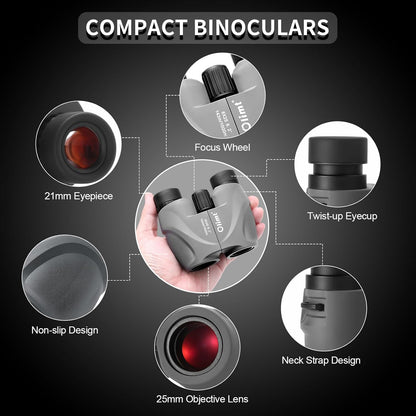 8x25 Compact Binoculars, Small Lightweight Handheld Portable Mini Pocket BAK-4 Prism 8.2° Wide Angle View ED Lens Professional HD Optics for Adults Outdoor Travel Bird Watching Hiking Birding Concert