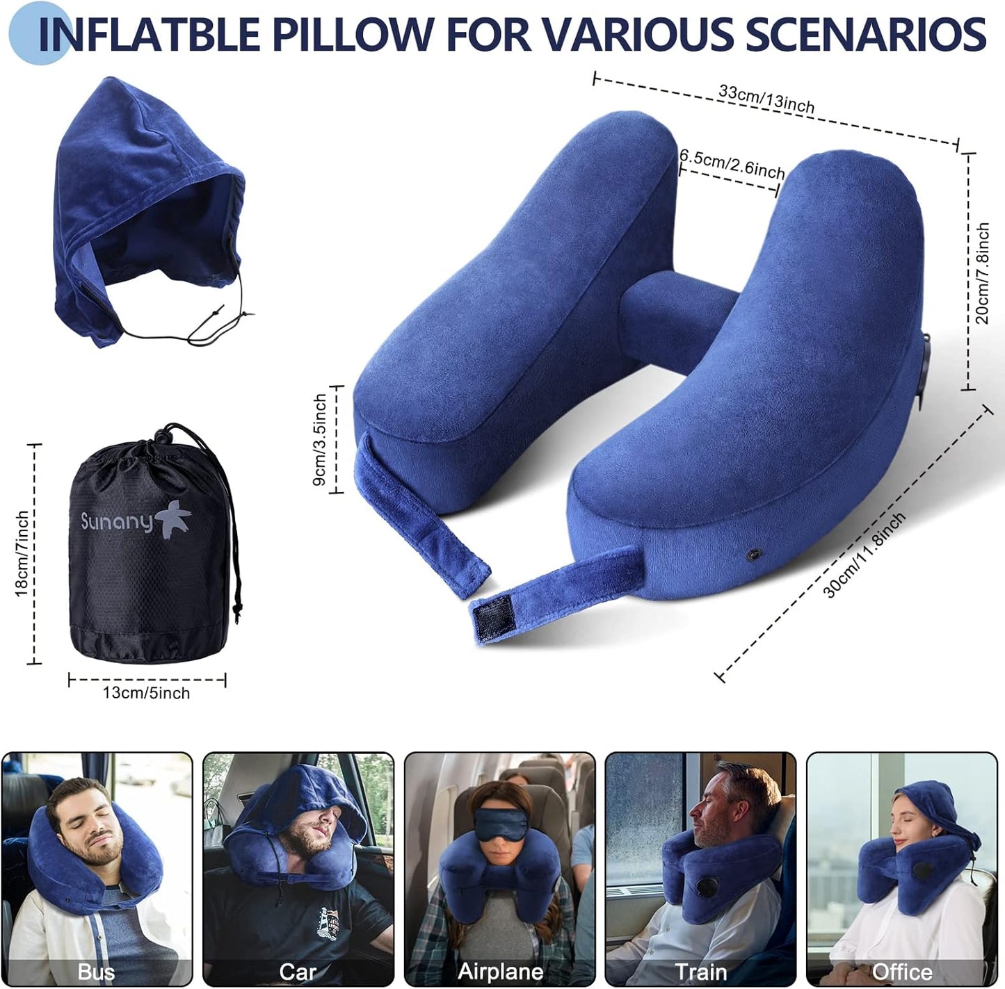Sunany Neck Pillow for Travel Inflatable Airplane Pillow Comfortably Supports Head,Neck and Chin,Inflatable Travel Pillow with Soft Velour Cover,Hat,Portable Drawstring Bag (Blue)