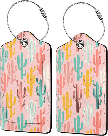 Multicolored Cactus 2 Pcs Luggage Tags,Privacy Cover ID Label with Stainless Steel Loop and Address Card for Travel Bag Suitcase