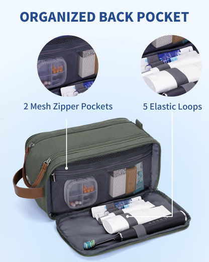 WANDF Toiletry Bag for Men Travel Toiletry Organizer Canvas and Leather Dopp Kit Water-Resistant Shaving Bag for Travel Accessories (Green, Large)