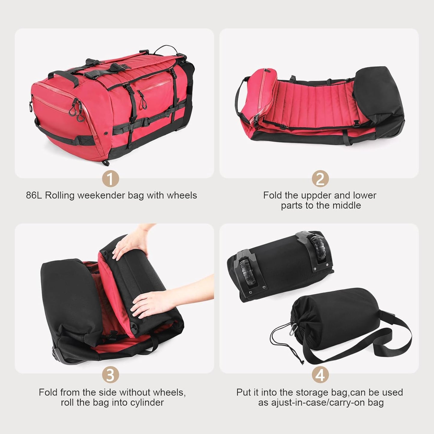 Rolling Duffle Bag with Wheels,86L 30”Folding Duffle Backpack with 2 Wheels,Travel Bag with Separate Shoe Compartment,Red