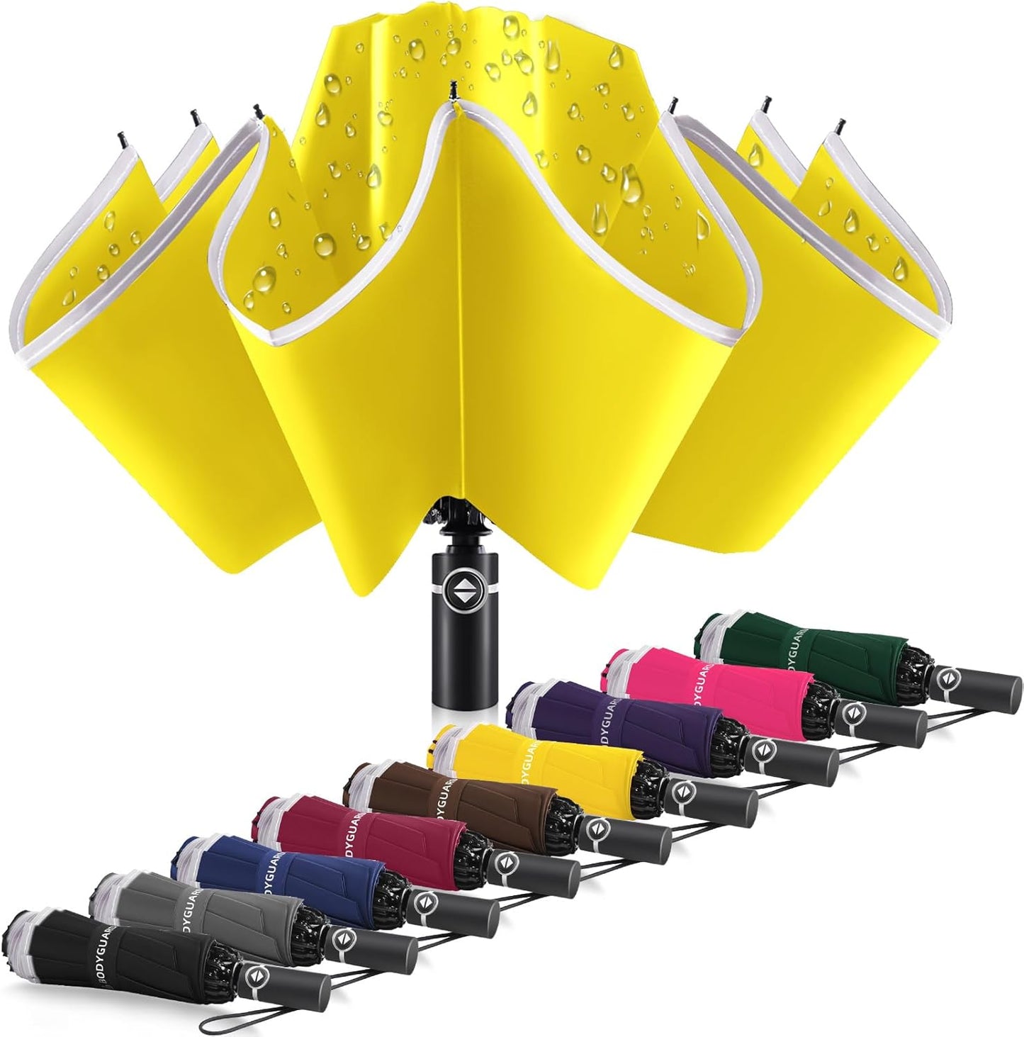 Bodyguard Inverted Umbrella - Large Windproof for Rain & Sun, Compact Reverse With Reflective Stripe, Teflon-Coated for Women Men, Travel Folding With Cover Bag