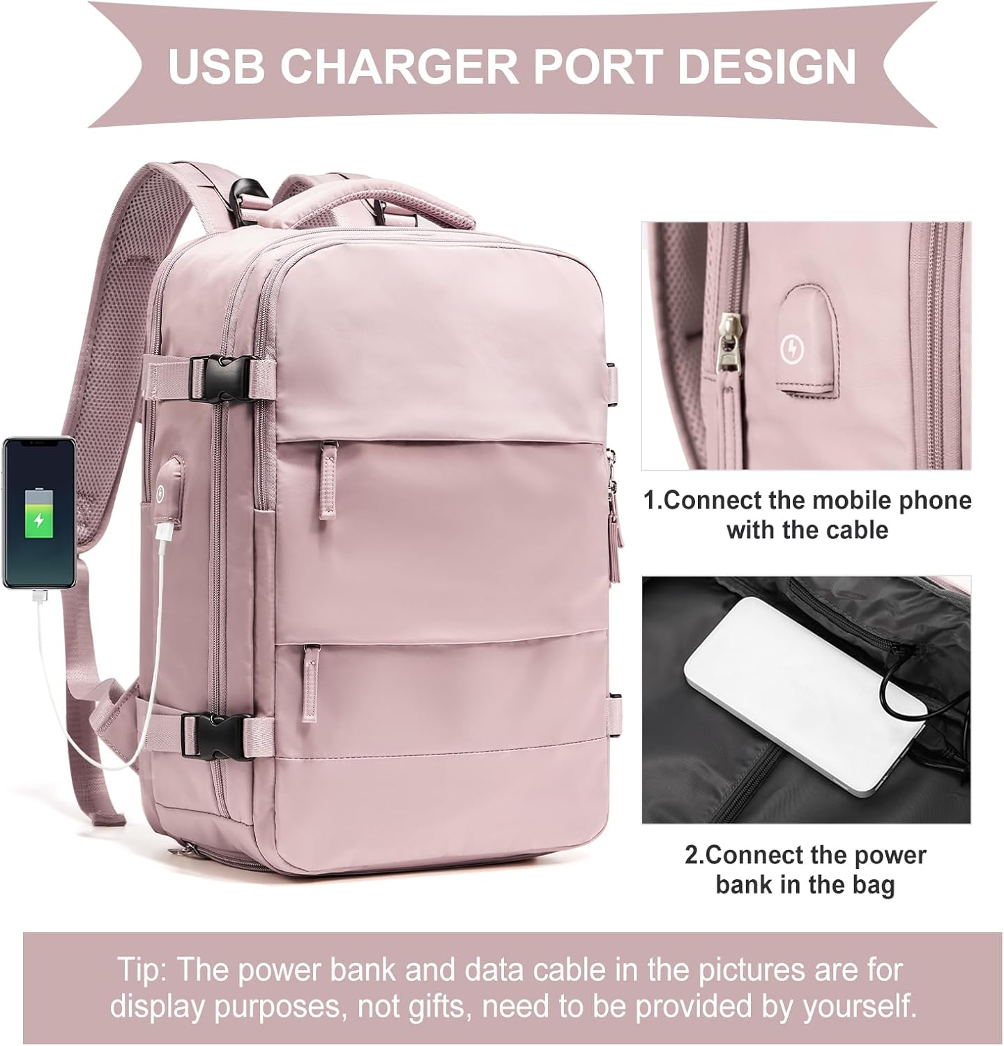 coowoz Large Travel Backpack For Women Men,Carry On Backpack Flight Approved,Hiking Backpack Waterproof Outdoor Rucksack Casual Daypack Fit 15.6 Inch Laptop Shoes Compartment (Pink Purple-L)