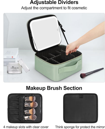 Chomeiu Makeup Bag with LED Mirror, Travel Makeup Case for Women and Makeup Artists Cosmetic Organizer Large Make Up Bags with Light Up Mirror, 3 Color Lights, Adjustable Dividers, Quilted Green