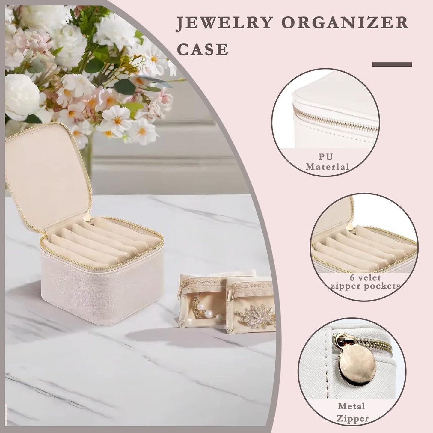 Jewelry Box Organizer for Women,Small Jewelry Travel Case,Leather Travel Jewelry Organizer with 6 Velvet Jewelry Zipper Pouches, Jewelry Organizer for Graduation Wedding Gift(Off White)