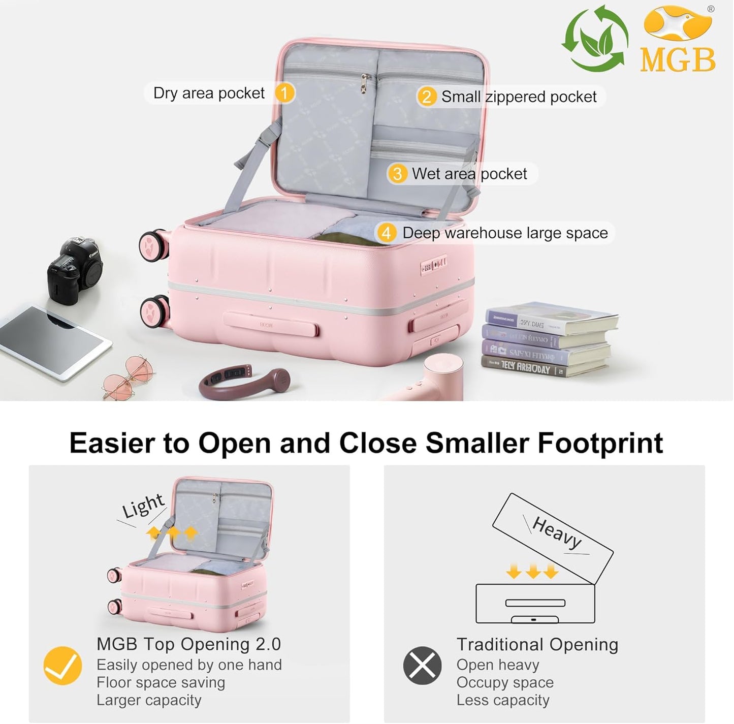 MGB 20 Inch Top Open Carry On Luggage 22x14x9 Airline Approved, 100% PC Hard Shell Carry On Suitcase with Spinner Wheels, Front Opening Travel Luggage for Women Men Gifts. Pink