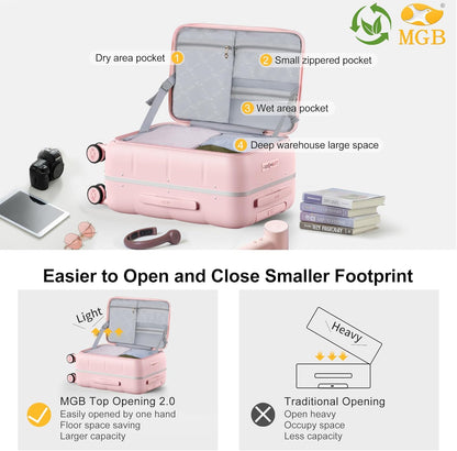 MGB 20 Inch Top Open Carry On Luggage 22x14x9 Airline Approved, 100% PC Hard Shell Carry On Suitcase with Spinner Wheels, Front Opening Travel Luggage for Women Men Gifts. Pink