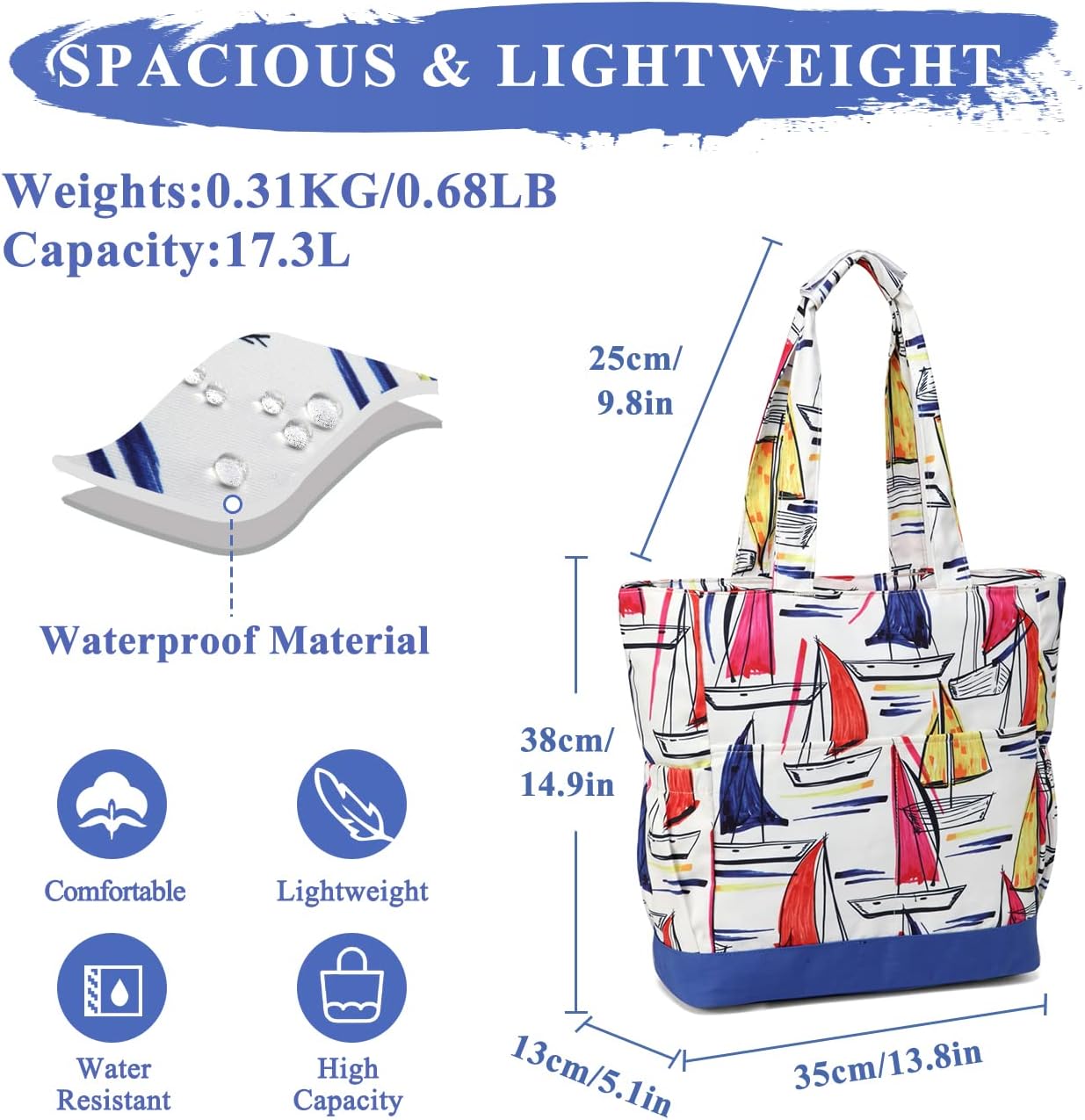 VASCHY Beach Bag for Women, Large Waterproof Sandproof Fold-able Packable Pool Tote Bag w Zipper/Pockets