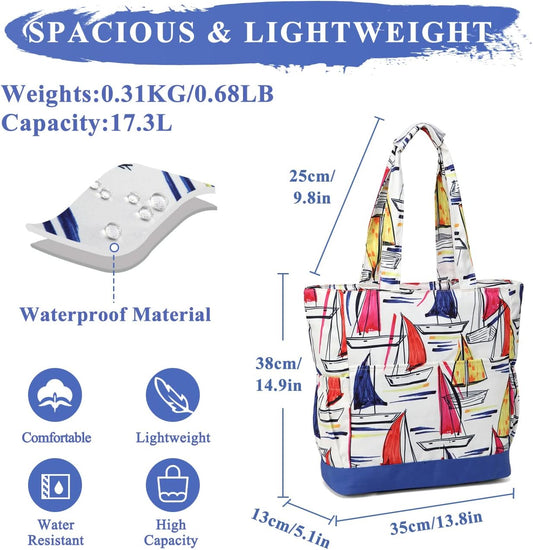 VASCHY Beach Bag for Women, Large Waterproof Sandproof Fold-able Packable Pool Tote Bag w Zipper/Pockets