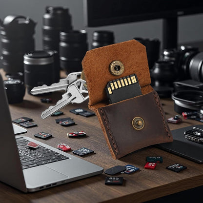 Jack&Chris Genuine Leather SD Card Holder Keychain, Anti-Shock Anti-Dust SD Card Case, Portable Camera Accessories for SD CF CFexpress Micro SD Nano SIM and Micro SIM Cards, Red Brown