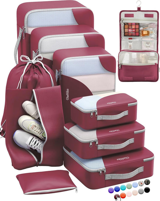 ALL INCLUDED 10 Set Sturdy Packing Cubes for Suitcases,OlarHike Travel Essentials,UPGRADED Anti-Tear Stitching, NEW Improved Luggage Packing Organizers for Travel Accessories (Burgundy)
