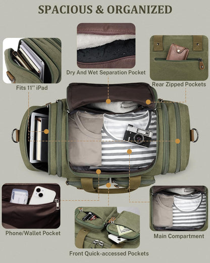 Gonex Canvas Duffle Bag for Travel, Expandable Water Resistant 50L Carry on Duffel Overnight Weekender Gym Bag with Wet Dry Separation Pocket & Suitcase Handle Sleeve, Army Green
