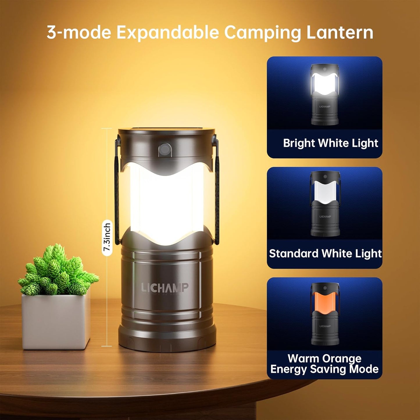 Lichamp 1-Pack Solar Camping Lantern, USB Rechargeable LED Lanterns Battery Powered Pop Up Flashlight Lamps with Three Modes Power for Power Outages Hurricane Supplies Emergency Indoor & Outdoor