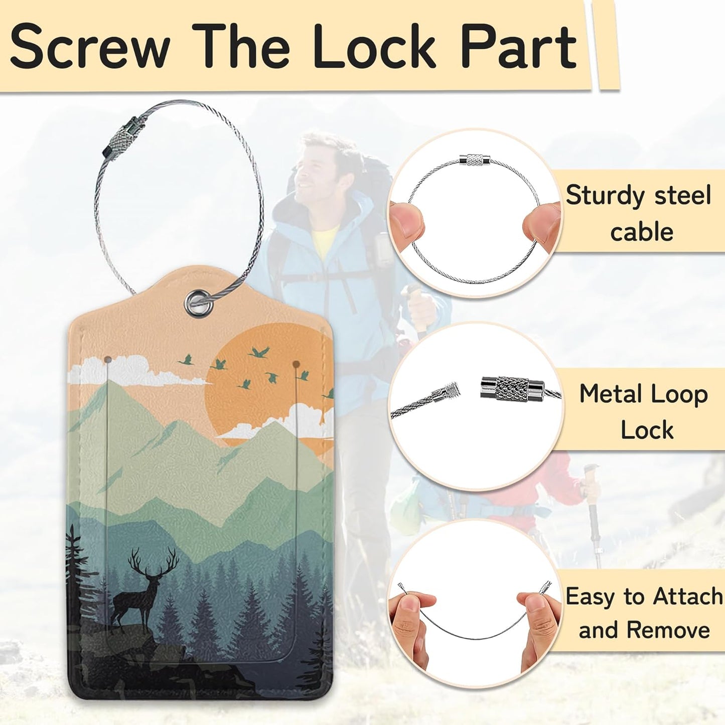 Sunset Landscape Luggage Tag for Suitcase,Mountain Tree Design with Privacy Flap Name ID Label Metal Loop, 3 Pack