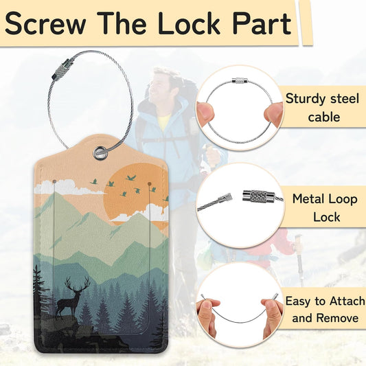Sunset Landscape Luggage Tag for Suitcase,Mountain Tree Design with Privacy Flap Name ID Label Metal Loop, 3 Pack