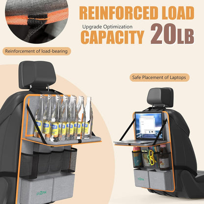 Car Backseat Organizer with Tablet Holder,11 Storage Pockets with Foldable Food Tray, Protector Kick Mats for Kids, Travel Accessories Organizer (Orange, 2Pack)