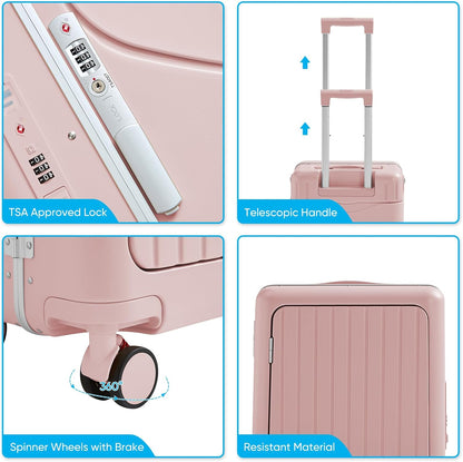 TABU 20" Ride-on Luggage with Seat，Front Opening Carry-On Hardshell Ride On Suitcase with Built-in Charging Port, 360° Lockable Spinner and TSA Lock, for Kids & Adults, Pink