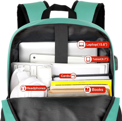 17 Inch School Backpack for Teens,Green Bookbag Classic Backpack with USB Port for High School College Students