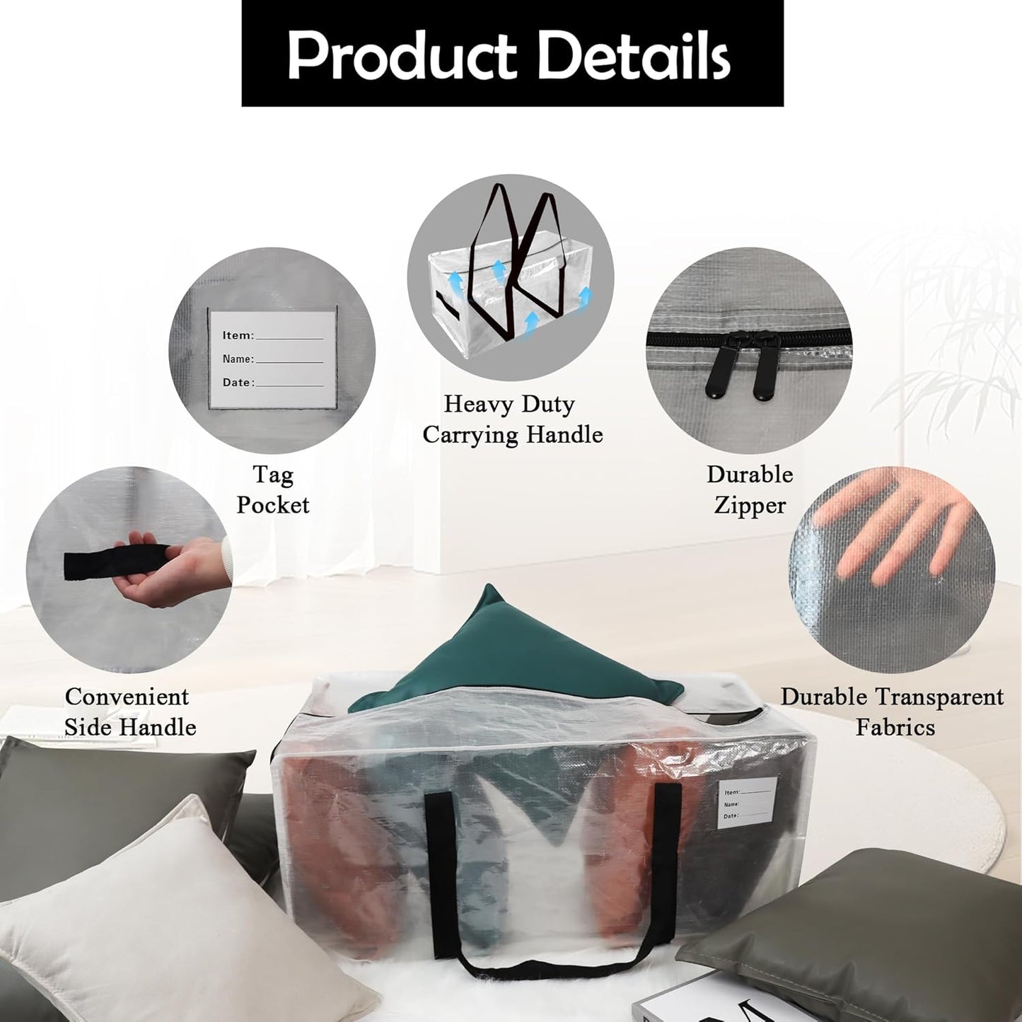 8 Pack Heavy Duty Extra Large Moving Bags with Black Handles, Waterproof Foldable Storage Totes,Clothing Storage Bags,Packing Moving Boxes for College Supplies & Seasonal Storage,Clear