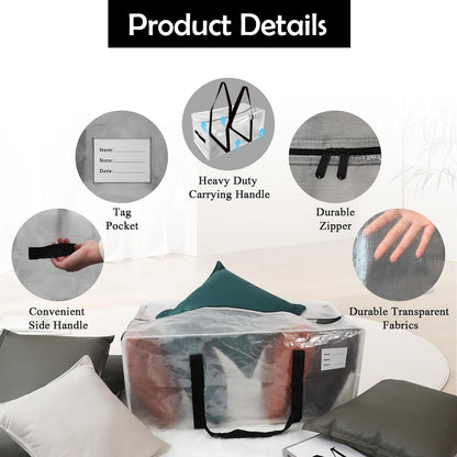 8 Pack Heavy Duty Extra Large Moving Bags with Black Handles, Waterproof Foldable Storage Totes,Clothing Storage Bags,Packing Moving Boxes for College Supplies & Seasonal Storage,Clear