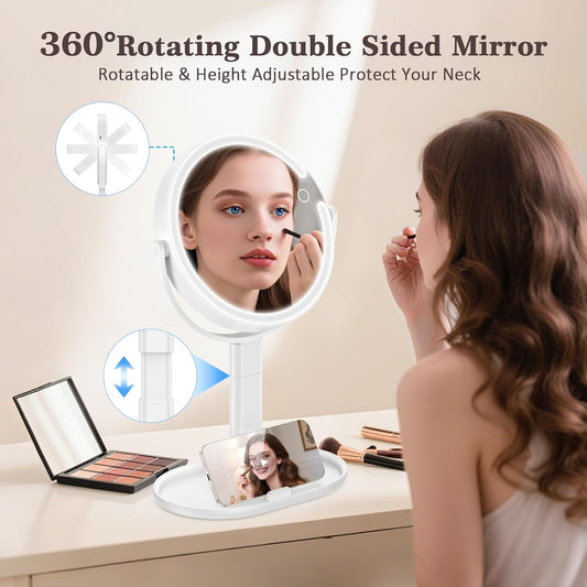 15X/1X Lighted Magnifying Mirror, 4000mAh Rechargeable Makeup Mirror with 3 Level LED Light, 360° Rotation 2 Sided Vanity Desk Mirror, Dimmable Adjustable Height Table Makeup Mirror Phone Stand