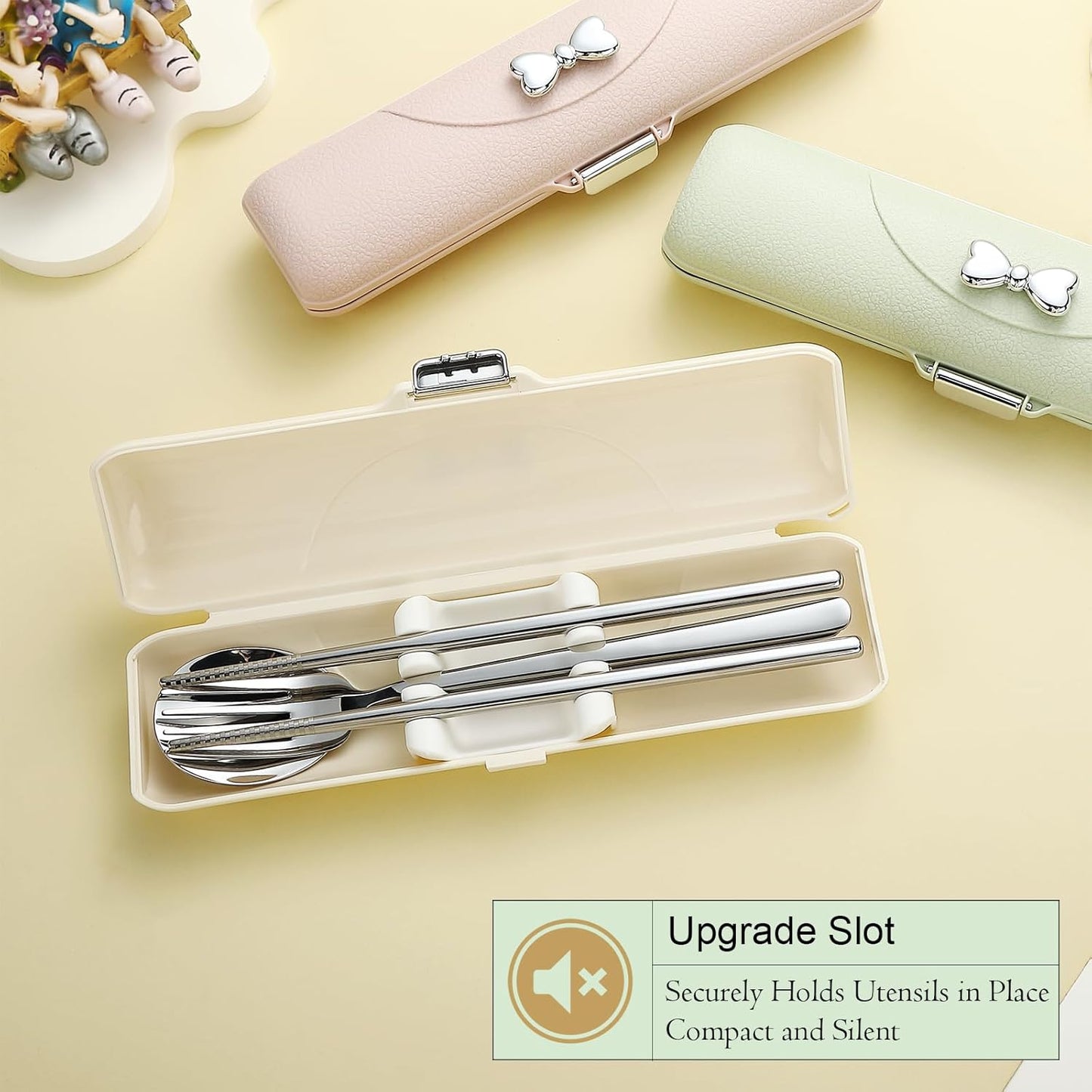 DEVICO Travel Silverware Set with Case, Portable Lunch Utensils Set for Work, Reusable Travel Cutlery Set, 18/8 Stainless Steel Flatware for Caming School Picnic, Dishwasher Safe (Light Yellow)