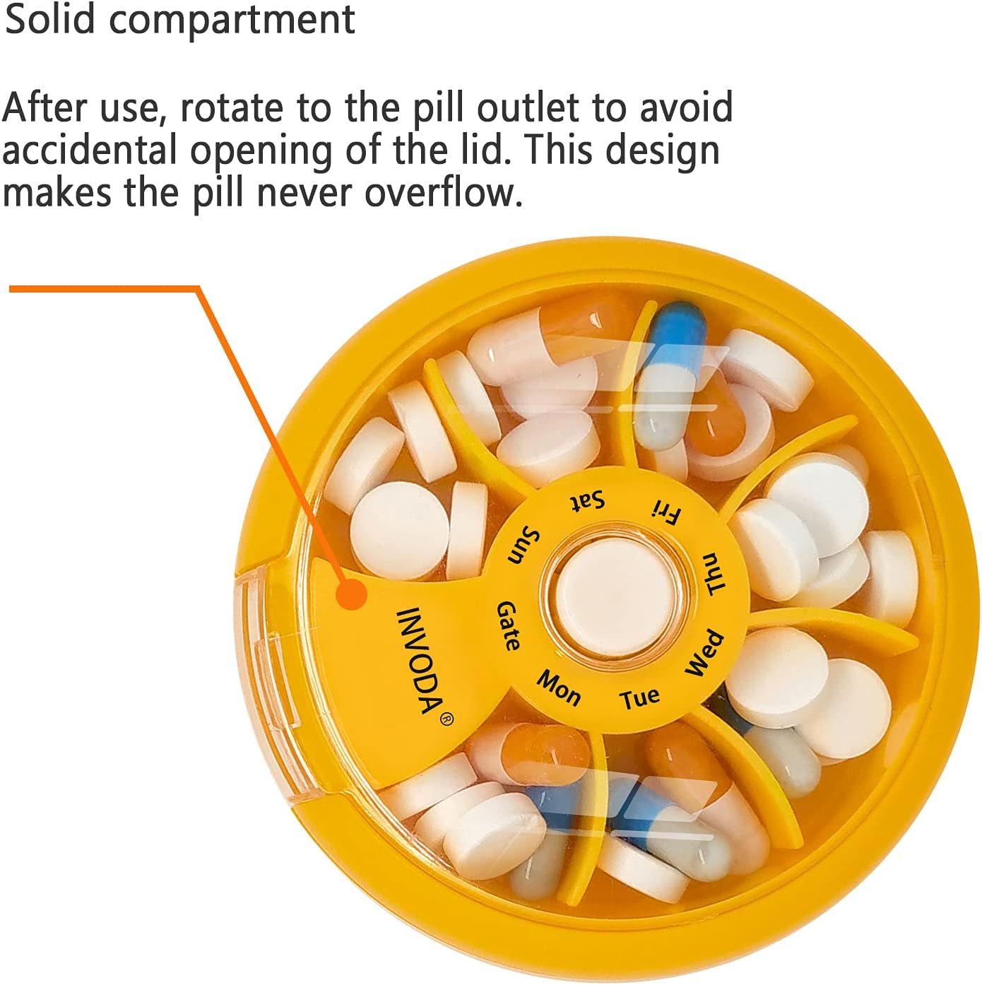 INVODA Weekly Pill Organizer 7 Compartment Rotating Pill Box for Daily Medication & Vitamins - Portable Travel Pill Case Fish Oil Supplements Vitamins Organizer (Green+Orange)