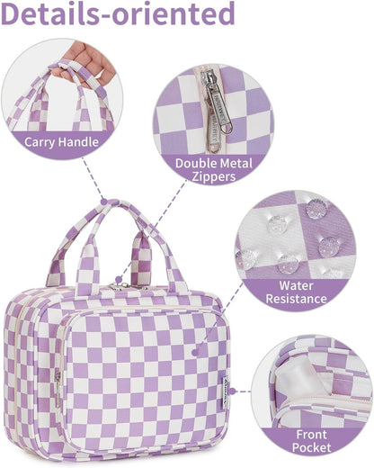 Narwey Hanging Toiletry Bag for Women Travel Makeup Bag Organizer Toiletries Bag for Travel Size Essentials Accessories Cosmetics (Purple Checkerboard (Medium))