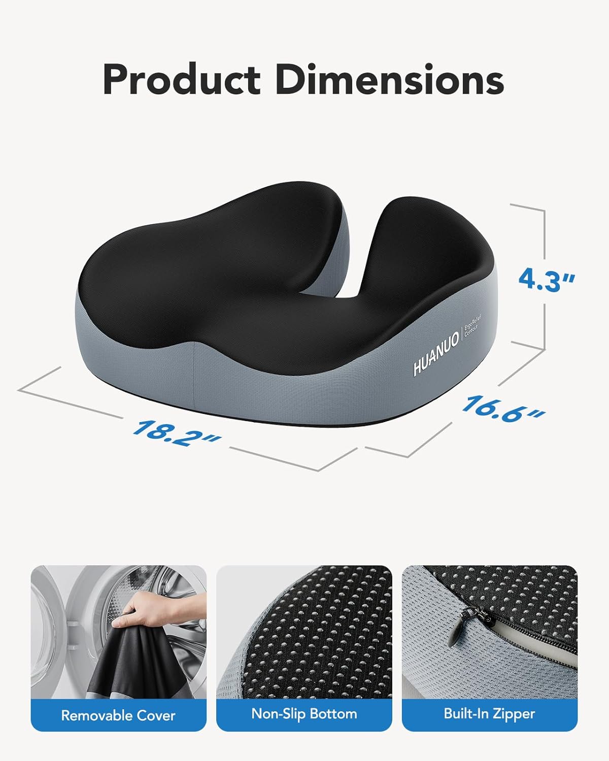 HUANUO Seat Cushion for Office Chair, Extra Large Memory Foam Cushion for Office Chair,Car & Wheelchair - Sciatica & Tailbone Pain Relief for Long Sitting, Ergonomic Design with Anti-Slip Bottom