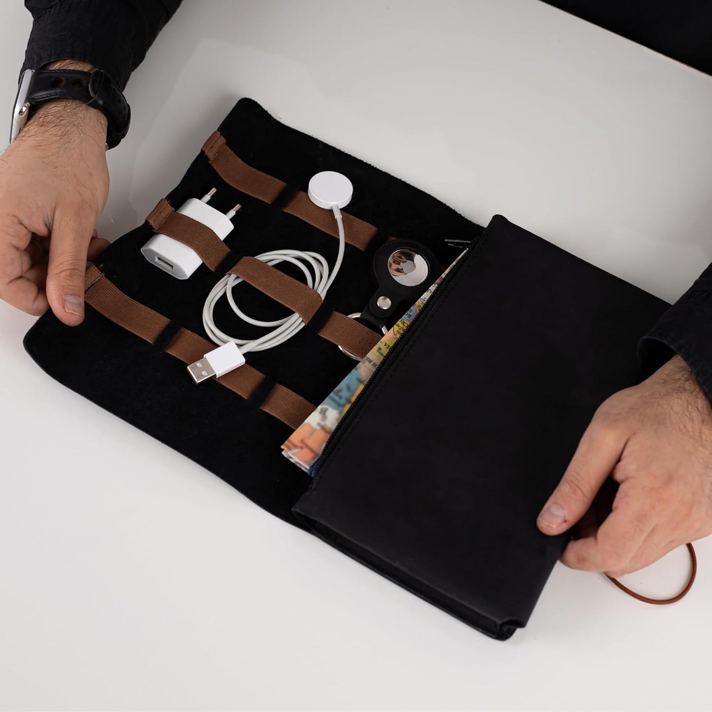 HARDISTON Custom Genuine Leather Electronic Cable Organizer Bag Handmade Travel Cord Organizer Roll Case for Hard Drives, Cables, Charger, Phone, USB, SD Card (Large - Black)