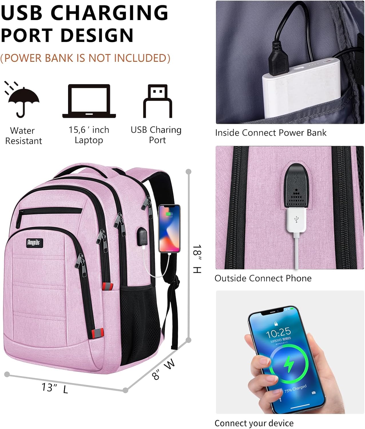 Pink Backpack for Women, School Backpacks for Girls Teen, Bookbag with USB Charging Port, College High School Backpack Fits 15.6 Inch Laptop, Casual Work Business Back Pack