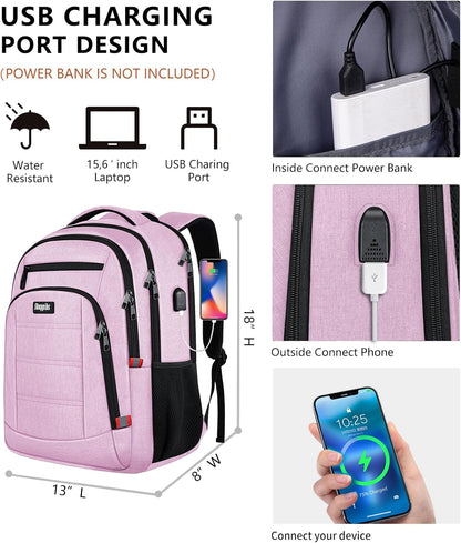 Pink Backpack for Women, School Backpacks for Girls Teen, Bookbag with USB Charging Port, College High School Backpack Fits 15.6 Inch Laptop, Casual Work Business Back Pack