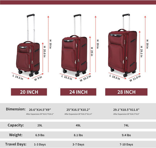 3-Piece Softside Expandable Luggage Set with Front Open Pocket, Lightweight and Durable Oxford Fabric Suitcase Set with TSA Lock (Burgundy Wine Red, 20in/24in/28in)