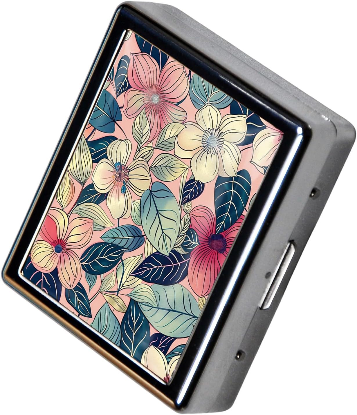 8‑Compartment Metal Pill Box Organizer – Portable Medicine Case 3″×2.6″ | Food‑Grade Dividers | Secure Snap Button Lid | Travel & Gift for Seniors (Blush Botanical Harmony)