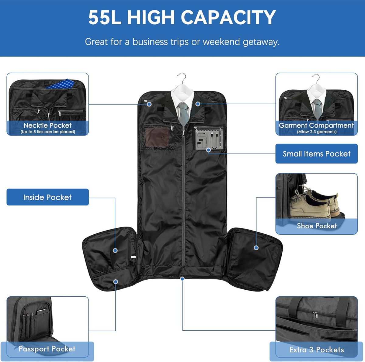 Garment Duffle Bags for Travel, Bukere Convertible Carry on Garment Duffel Bag for Men Women, Shoe Compartment, 2 in 1 Hanging Dress Suitcase Suit Travel Bags, Midnight Grey