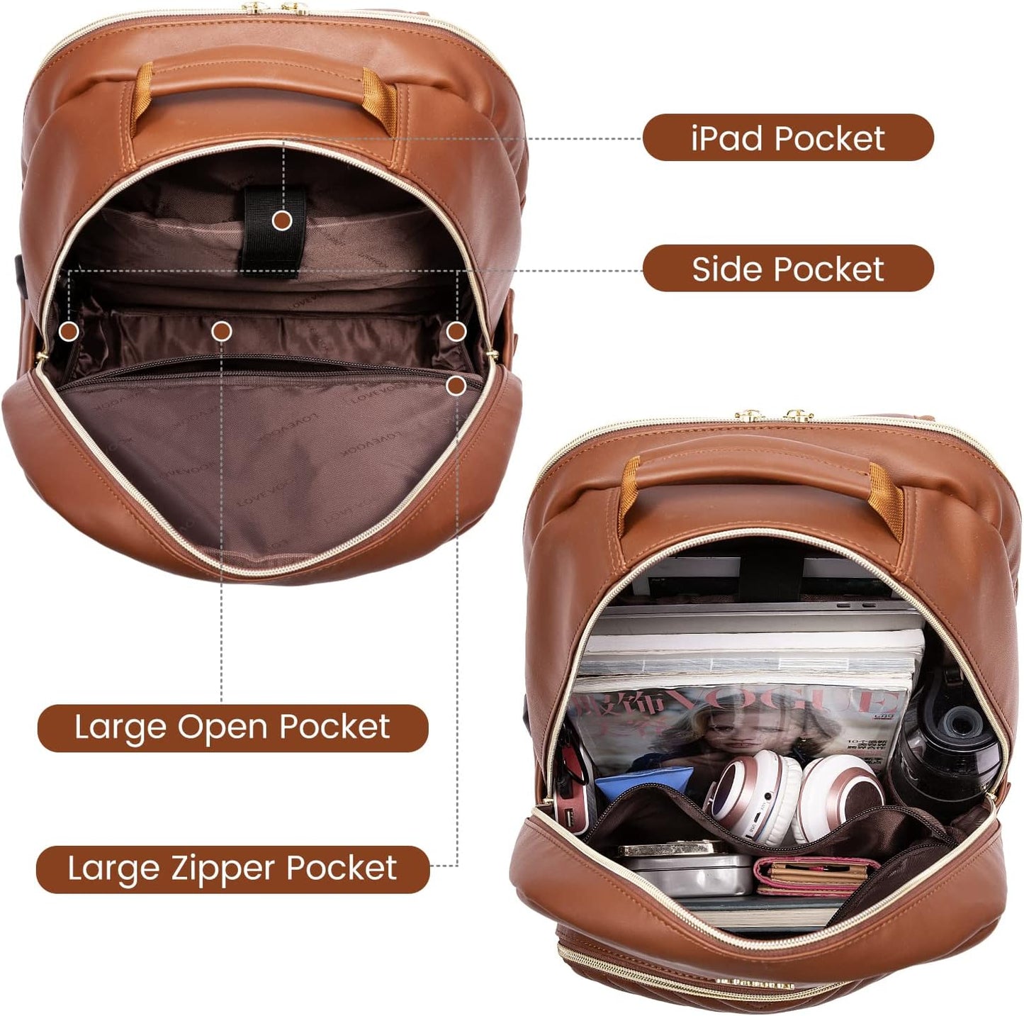 LOVEVOOK Laptop Backpack Purse for Women, Large Capacity Travel Computer Work Bag, Faux PU Leather Quilted Casual Nurse Backpack for Womens, Fit 15.6 Inch Laptop with USB Port, Brown