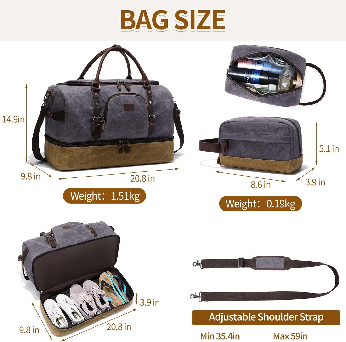 Nerlion Weekender Bag with Shoe Compartment Large Overnight Bag for Men Canvas Genuine Leather Carry on Luggage Bag Travel Duffel Bag(Gray)