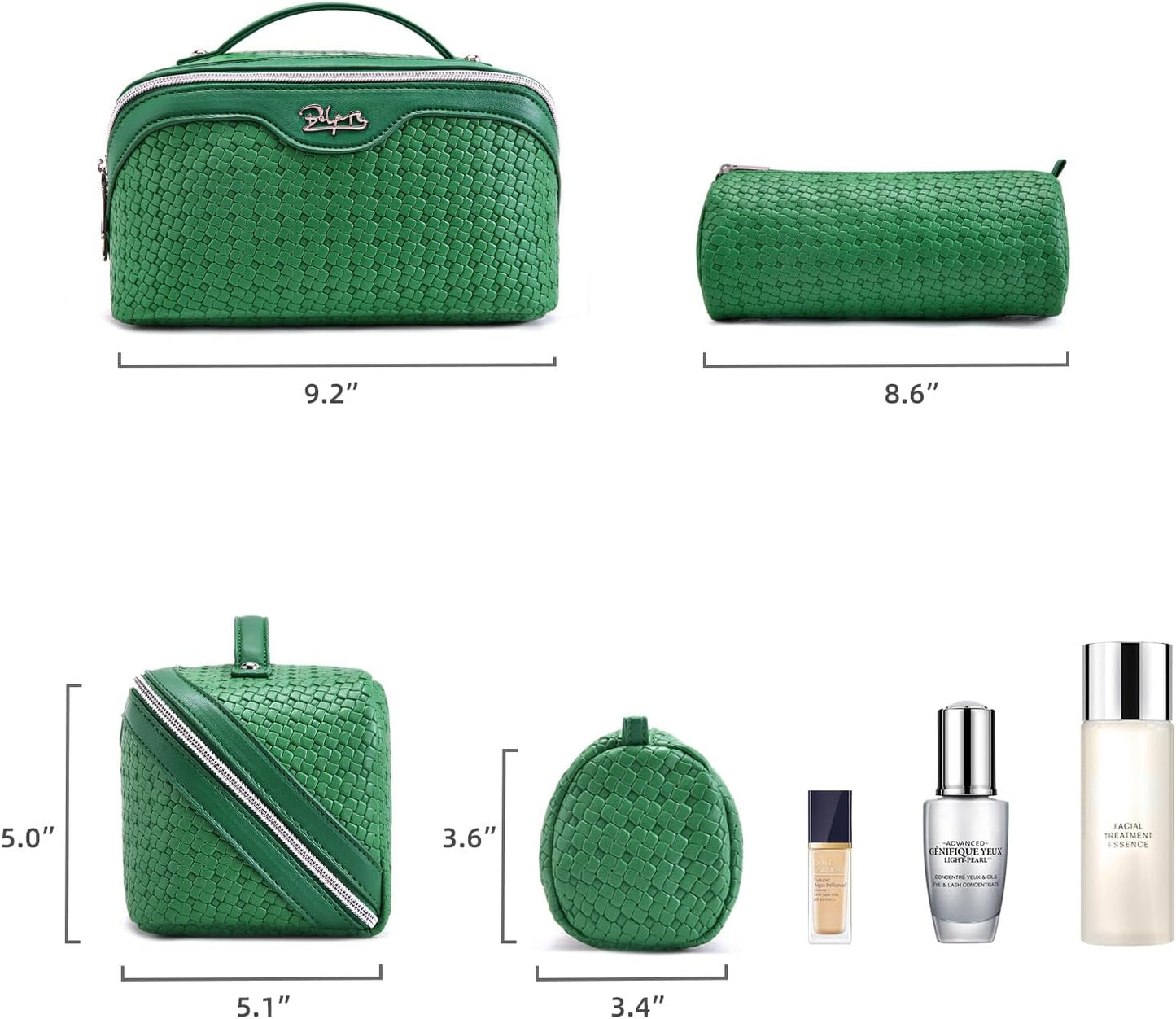 BOYATU Travel Makeup Bag Cosmetic Bags for Women: Large Capacity 3 Pcs Set Make up Bag with Compartments - Waterproof Vegan Leather Toiletry Organizer Bags with Handle - Travel Essentials(L12 Green)