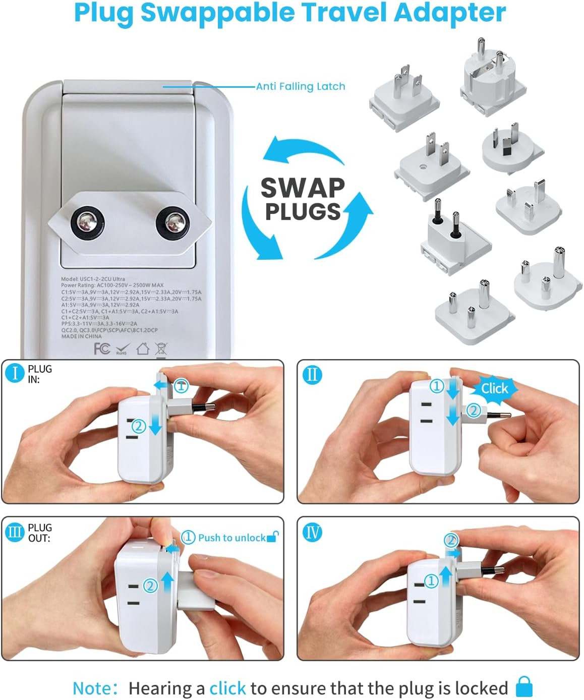 Universal Travel Adapter Kit, VINTAR PD 35W International Power Adapter with 4 AC 3 USB Ports(2 USB C), Type A,B,C,D,E/F,G,I,M Swap Adapt Attachments, Travel Adapter Worldwide for Europe/Africa/AUS