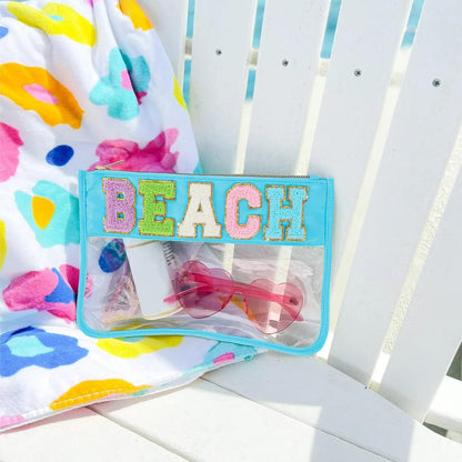 DYSHAYEN Chenille Letter Clear Zipper Pouch for Travel,Nylon Clear Cosmetic Bag,Makeup Travel Bag for Women Girls 11.8 Inches x 8.2 Inches