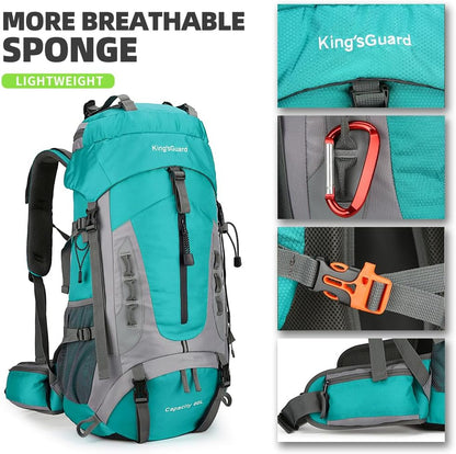 King'sGuard 60L Hiking Backpack Large Waterproof Camping Backpack for Men and Women Lightweight Frameless Backpacking Backpack with Rain Cover (Lake Blue)
