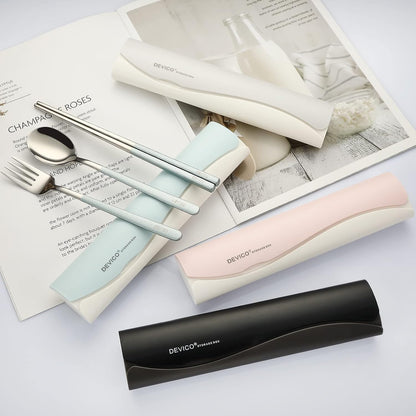 DEVICO Portable Travel Utensils with Case, Reusable Camping Silverware for Lunch, 18/8 Stainless Steel Cutlery Set (Blue)