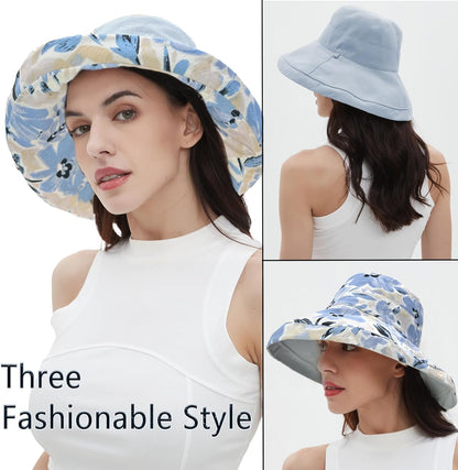 vidsel Womens Sun Hats Wide Brim Reversible Bucket Cotton Hat Packable Summer Travel Cap with Hat Clip,UV Protection