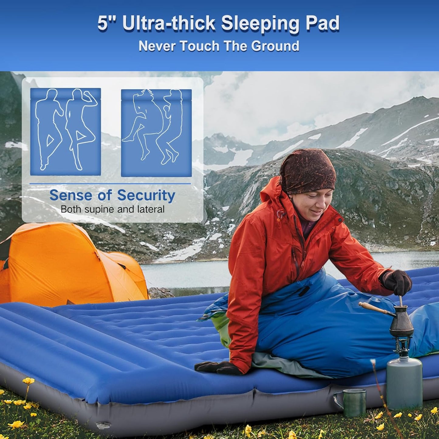 Double Sleeping Pad Camping, Self Inflating 6'' Extra-Thick 2 Person Pillow Built-in Foot Pump Waterproof Inflatable Sleeping Mat Backpacking, Tent, Hiking, Portable Camping Pad (Navy Grey)